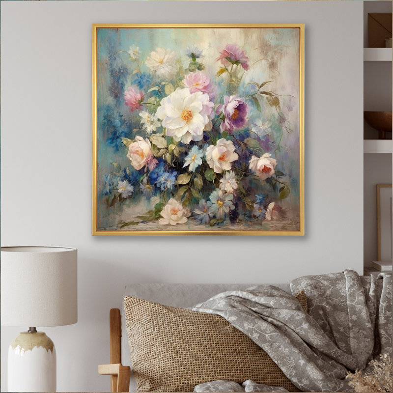 «Retro Collage Blossoming Wildflowers» sur impression sur toile, H 30 po x l 30 po, Cadre photo argenté