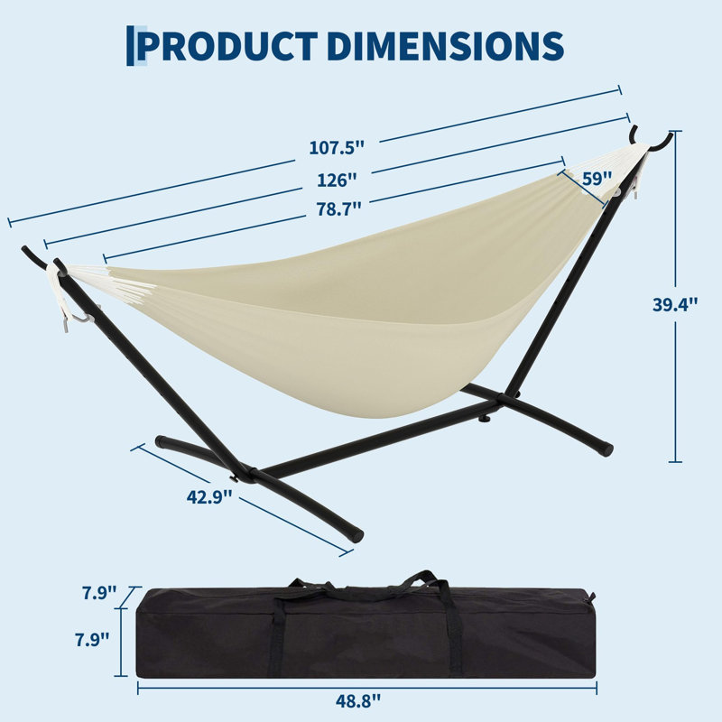 Hamac pour 2 personnes avec support, hamac en polyester et coton blanc avec structure en corne de chèvre, support en acier robuste inclus pour le patio extérieur