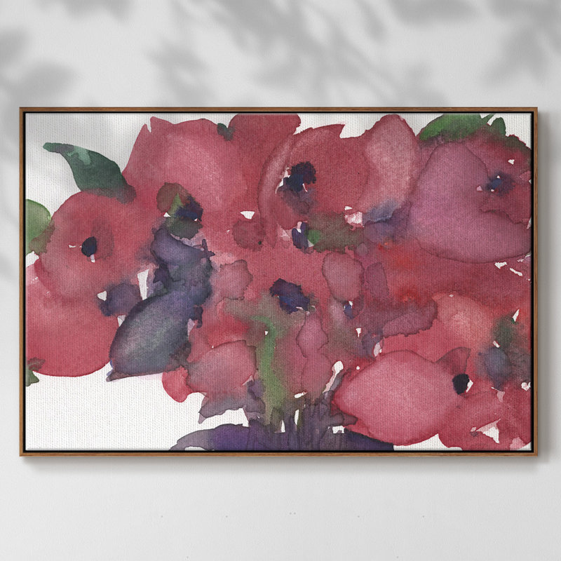 Floral avec jolie toile tendue avec cadre en I, H 25 po x l 37 po x P 2 po, Cadre noyer