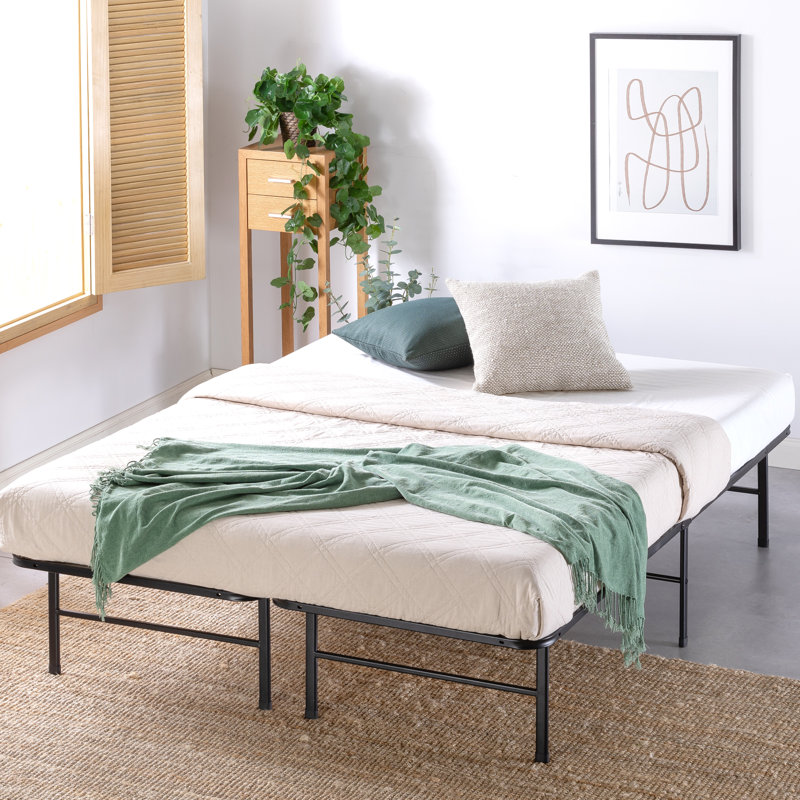 Queen Black Steel Bed Frame with Bamboo Slats