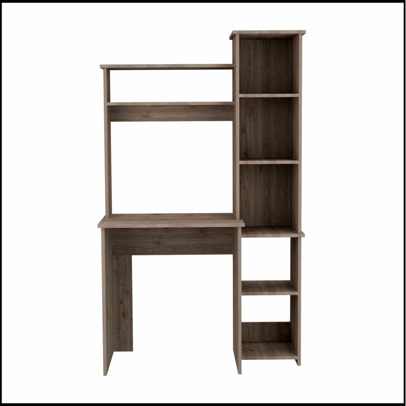 Bureau d'écriture gris clair à 6 tablettes avec bibliothèque intégrée, parfait pour un bureau à domicile organisé et élégant