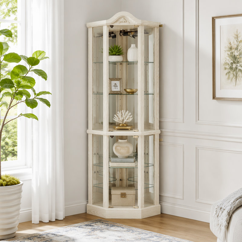 Vitrine de coin lumineuse avec couronne sculptée, White