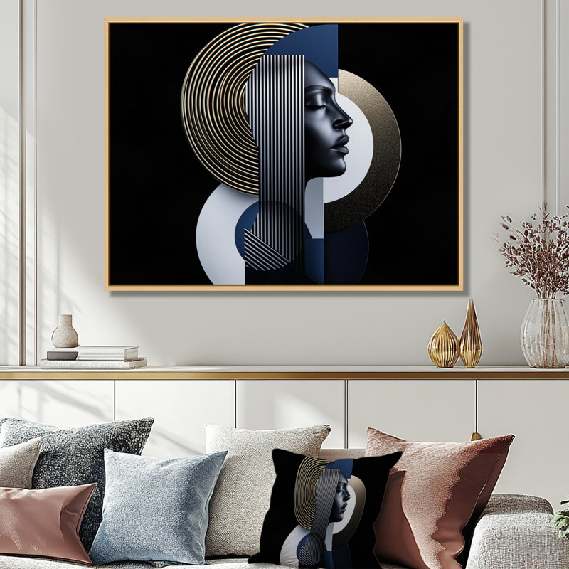 «Symmetry of Force Geometric Woman Portrait I», art mural abstrait femme, H 24 po x l 32 po, Toile tendue, Ne s’applique pas