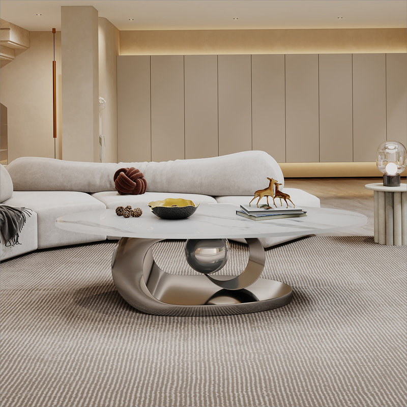 Table basse en marbre avec base sculpturale en acier inoxydable, Gris
