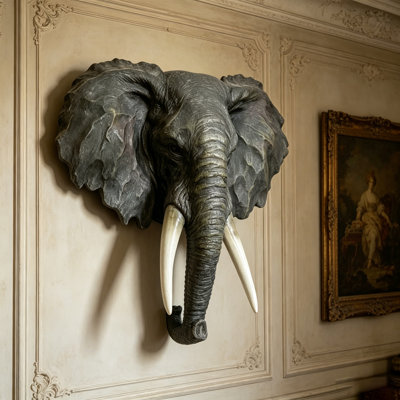 15.75" Wide Realistic Elephant Head Wall Sculpture, Resin African Elephant Bust Wall Decor