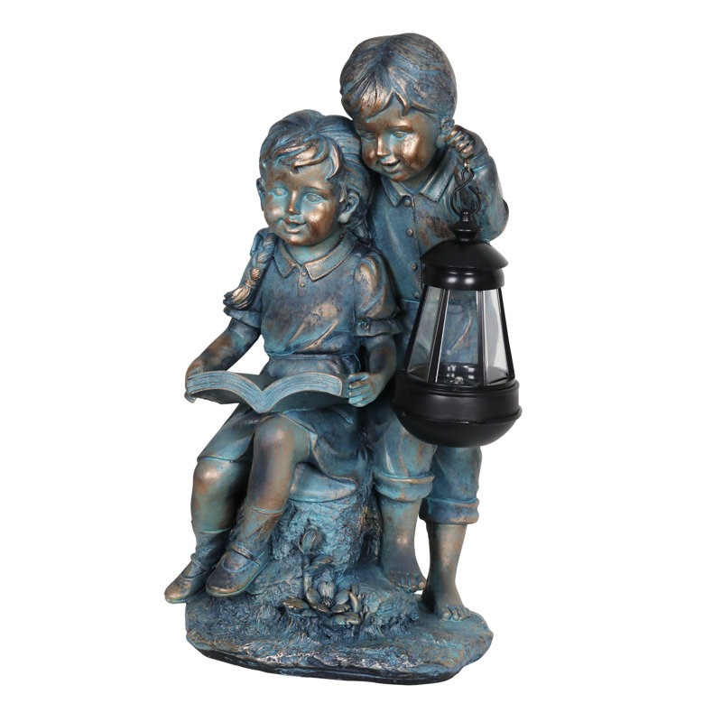 Solar Faux Bronze Girl and Boy Garden Statue with LED Lantern