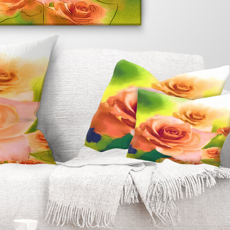 «Beautiful Watercolor Roses on Green» - Coussin décoratif à imprimé floral, Rectangle, 12 po x 20 po