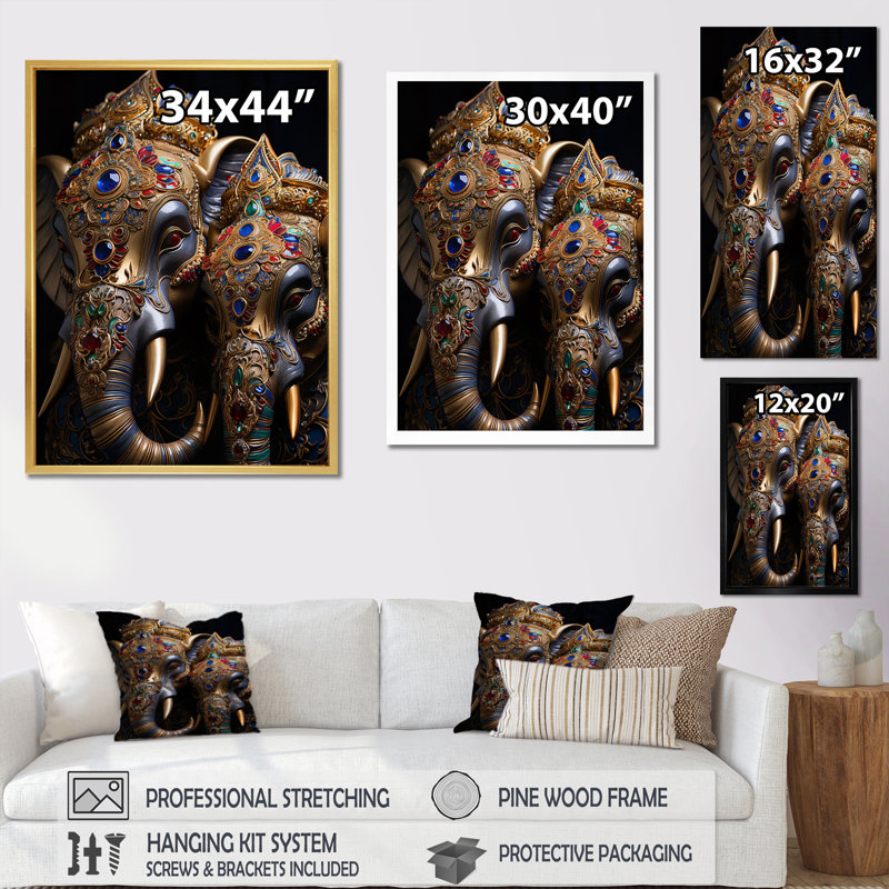 Art asiatique, éléphants thaïlandais III - impression, Encadrement doré, H 40 po x l 30 po x P 1,5 po