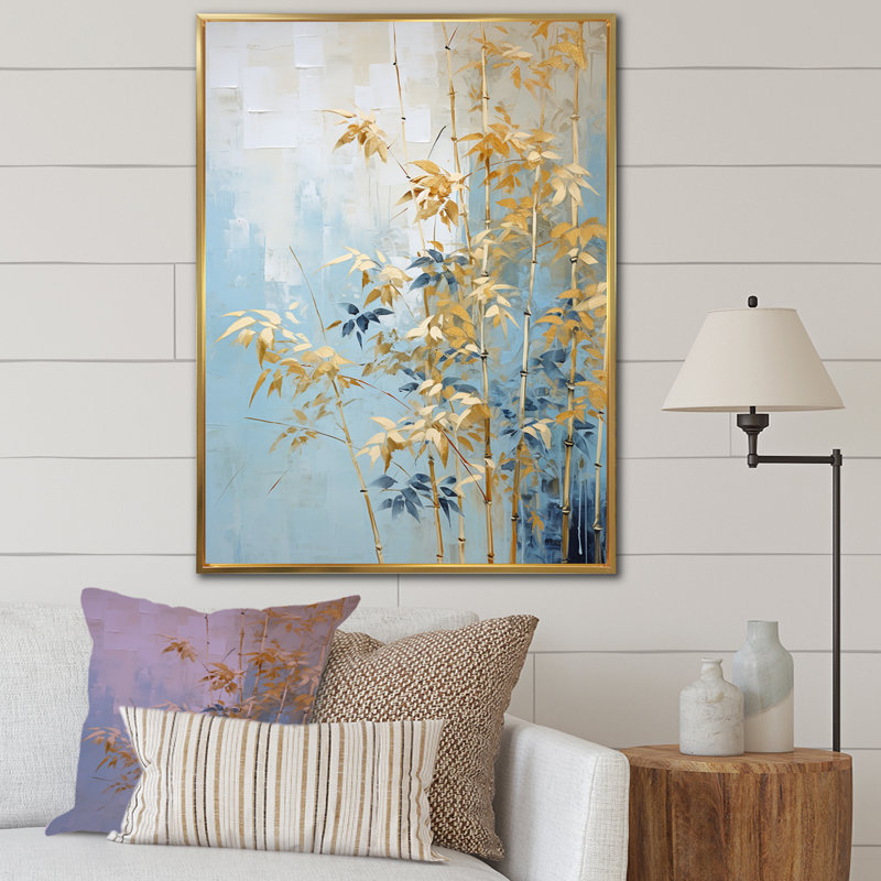 «Blue and Gold Bamboo Dance III», impressions sur toile de bambou_106588, H 40 po x l 30 po x P 1,5 po, Cadre flottant doré