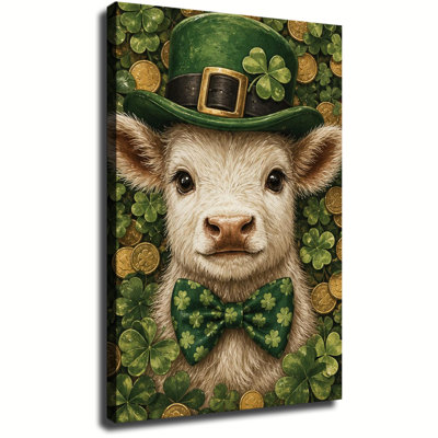 Adorable vache des Highlands avec un chapeau de lutin vert et un nœud papillon trèfle, affiche sur toile pour la Saint-Patrick, idéale pour décorer votre intérieur.