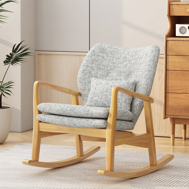 Solid Wood Rocking Chair with Cushion, Light Grey Tweed, Natural