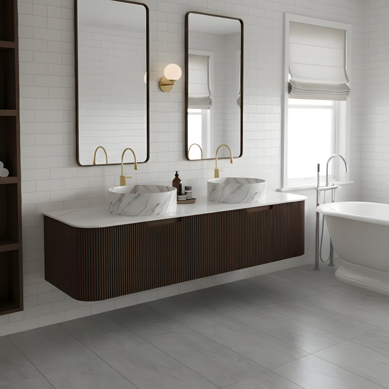Meuble-lavabo flottant mural 60 po avec 2 lavabos ronds en céramique et 2 tiroirs, 60"