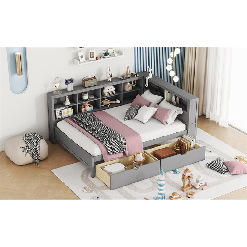 Lit de jour en bois avec 2 tiroirs, Gris, Complet/Double