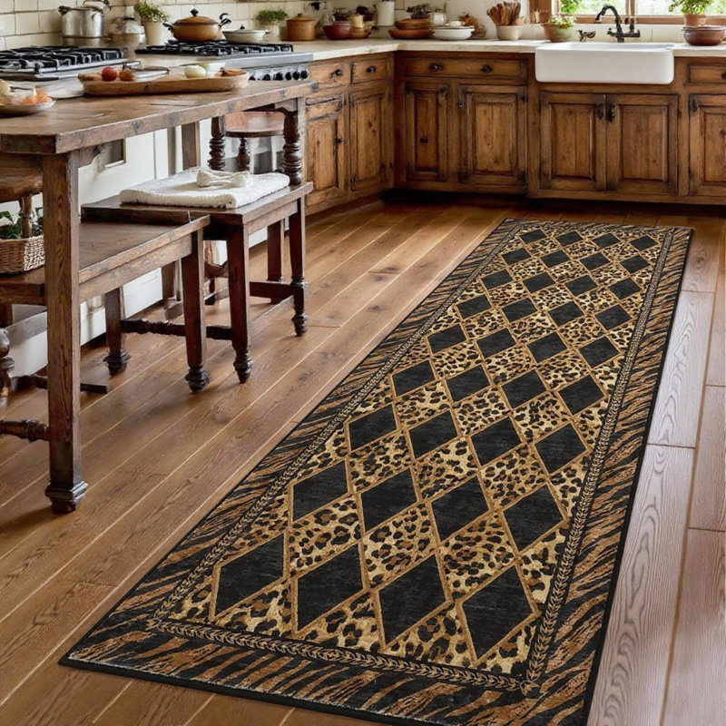 Leopard Washable 2x8 Runner Rug Animal Kitchen Runners for Hallways Brown/Black, Runner 2' x 8', Brown/Black