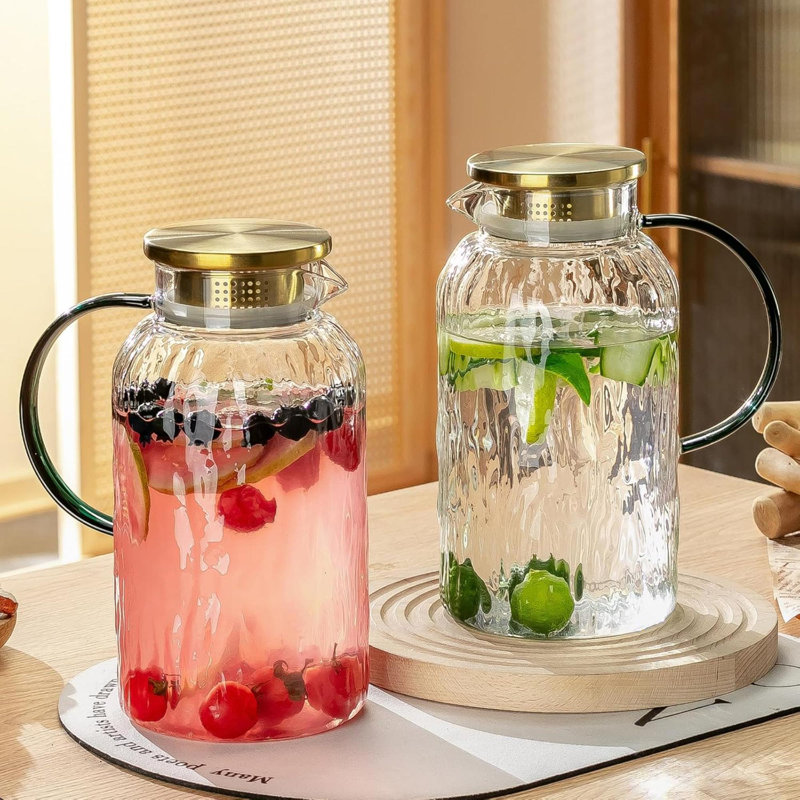 2 PACK Glass Pitcher With Lid And Spout, 68 Oz/2 Litre Water Pitcher For Fridge, Clear Borosilicate Glass Water Carafe For Cold Brew, Coffee, Iced Suntea,Milk, Heat Resistant