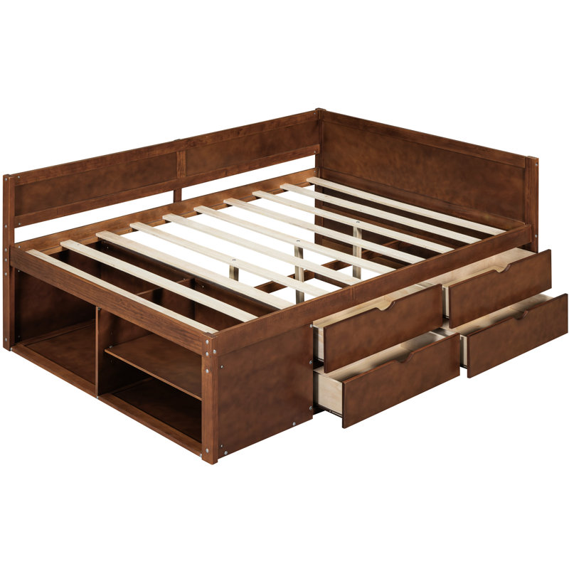 Lit de jour avec noyer pratique Space Saver - taille fonctionnelle tiroirs et tablettes en noyer, Noyer, Lit double