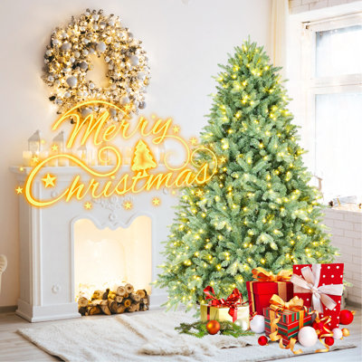 Arbre de Noël illuminé bleu-vert 7 pi avec 700 lumières DEL blanc chaud - 2518 pointes PE + PVC, branches articulées pour une installation facile, support en métal robuste, décoration de Noël unique