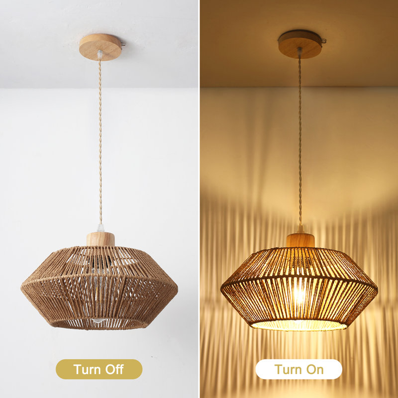  Kaishawn 1 - Light Brown Bohemian Pendant, Rustic Caged Hand-Woven Hemp Rope Single Pendant Light