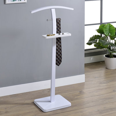 Freestanding Clothing Valet Rack Stand, Metal & Wood Suit Rack with Clothing Bar, Accessory Tray & 2 Hooks for Bedroom or Closet