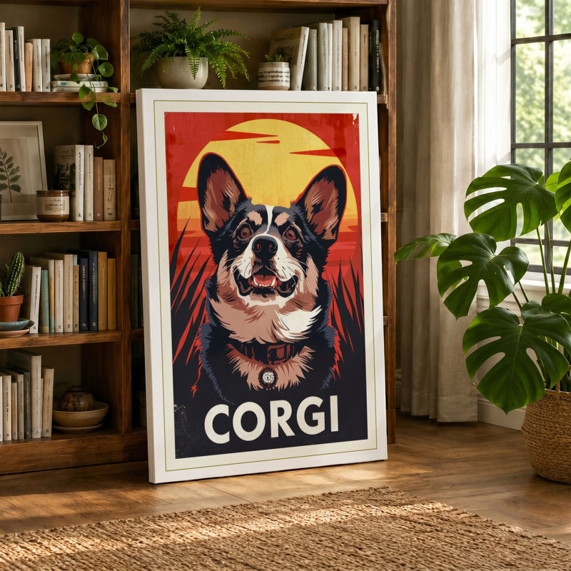 Corgi Bold Portrait Retro - Wrapped Canvas, 30x20 - 76.2 x 50.8 cm, Teal Border