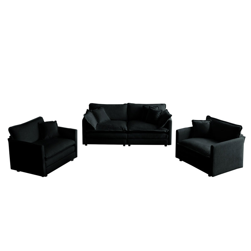 , 3 pièces, chenille noire, accoudoirs, coussins décoratifs,