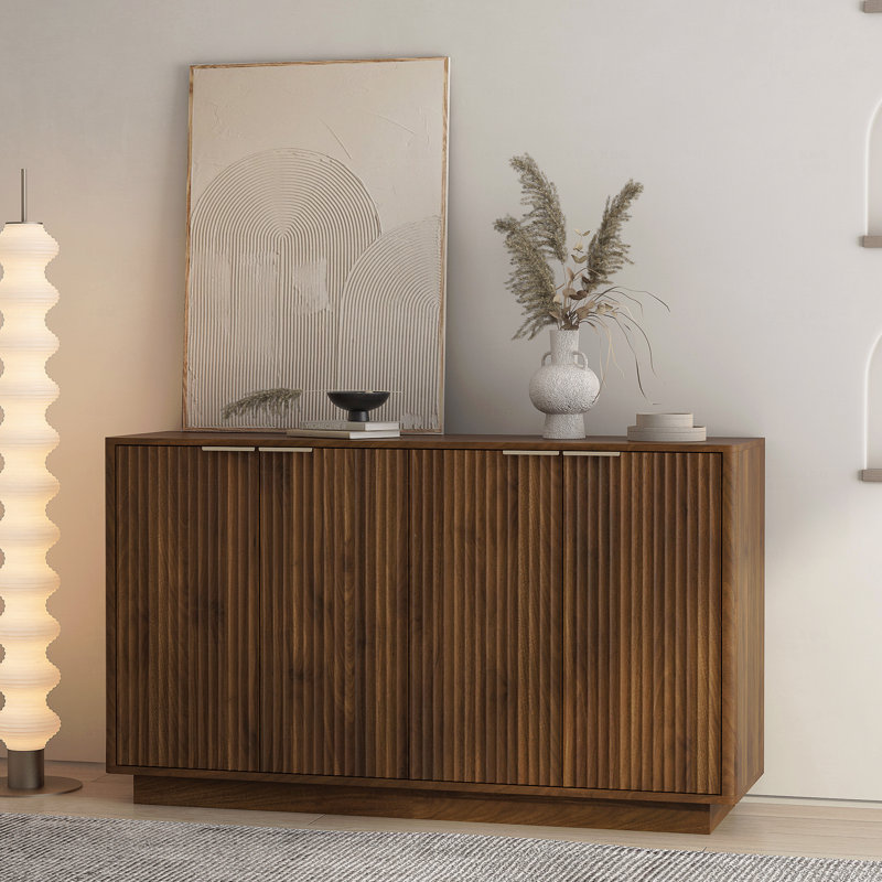 Brown Modern Fluted Buffet Cabinet with Adjustable Shelves, Accent Console Table, Brown