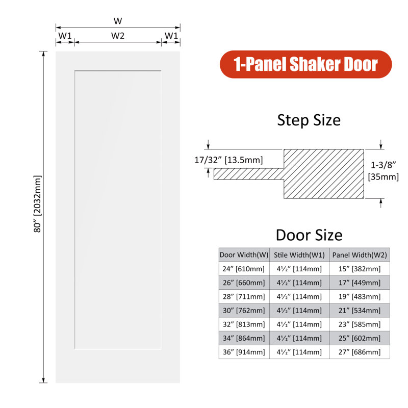 Primed 1-panel Solid Wood Interior Shaker Standard Door Without Bore Hole, 30" x 80"