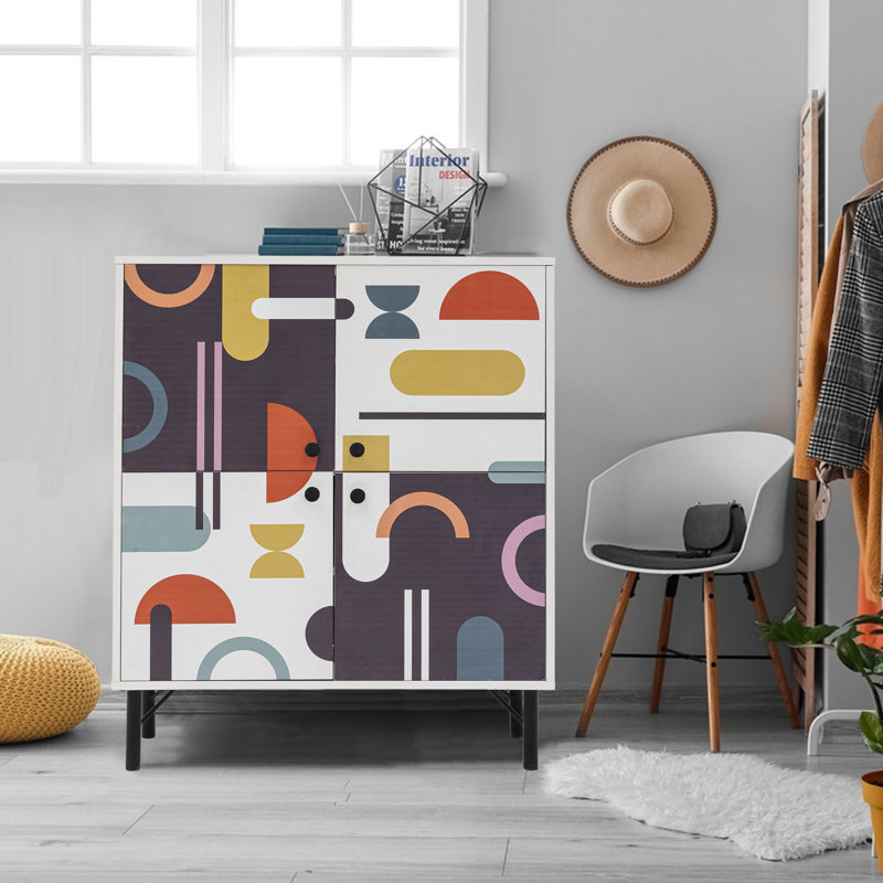 Modern Multi-Purpose Cabinet, White & Brown with Purple & Mustard Accents, 37.4 x 43.7 x 14.2 inches | 100% Melamine Coated Particle Board, Metal Legs, UV Coating | Numerous Shelves, Wall-Mountable, Stylish & Functional Storage Solution