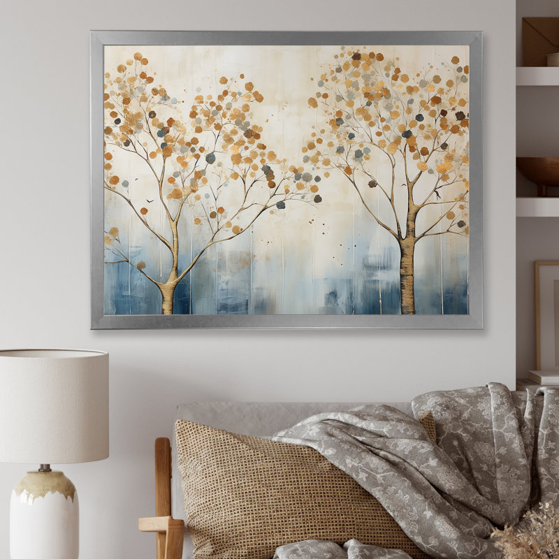 " Gold And Blue Trees Harmony II ", Silver Single Picture Framed, 12" H x 20" W x 1" D