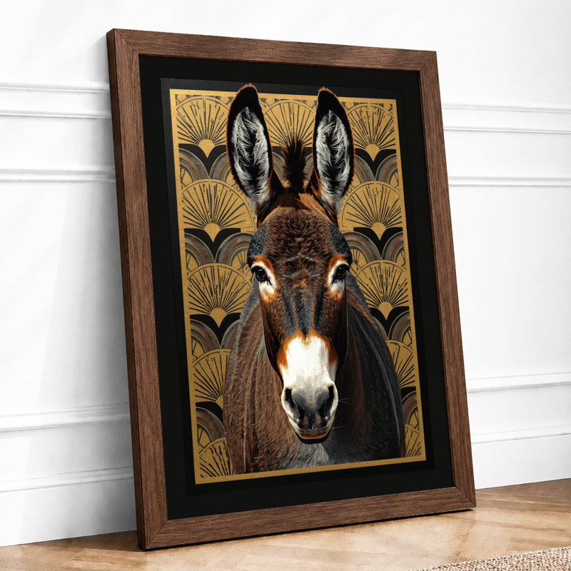 Donkey Portrait in Gold Art Deco - Framed Print, A1 - 84.1 x 59.4 cm, Walnut