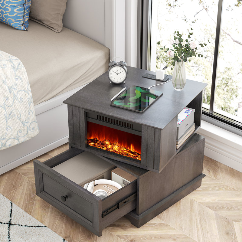 Table de bout pour foyer électrique sur pied avec tiroir et prises encastrées Bilbe, gris