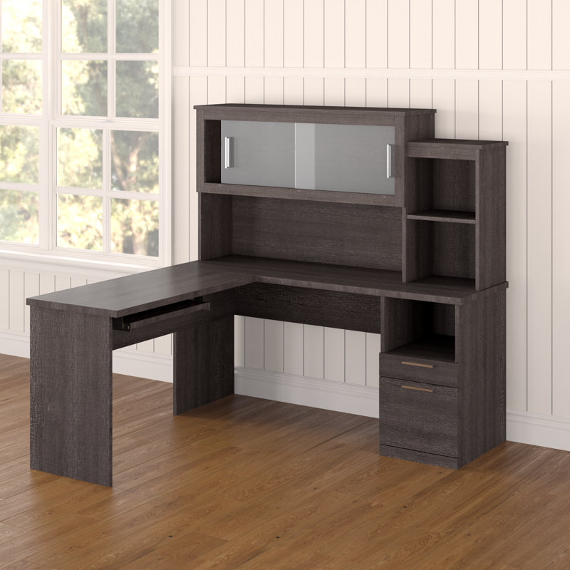 Bureau réversible en L avec rehausse Avery, Noir gris
