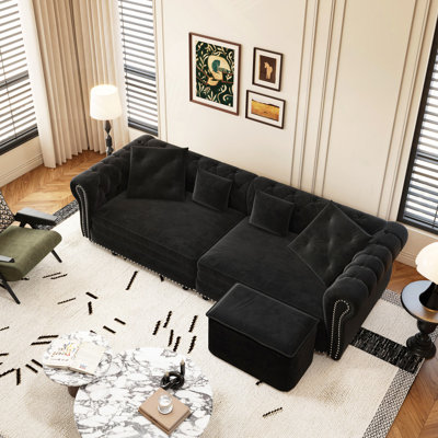 89 " W 3-in-1 Pull-Out Sofa Bed, Convertible Sleeper Sofa Bed,King Size Sofa Bed, Chaise Lounge,Velvet 3-Seater Sofa with Movable Ottoman,  Tufted Design