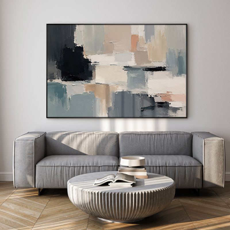 Très grand art mural imprimé sur tissu - Composition abstraite de blocs de couleurs bleus, décor de bureau contemporain - "Assemblage requis du cadre (cadre non fini)"