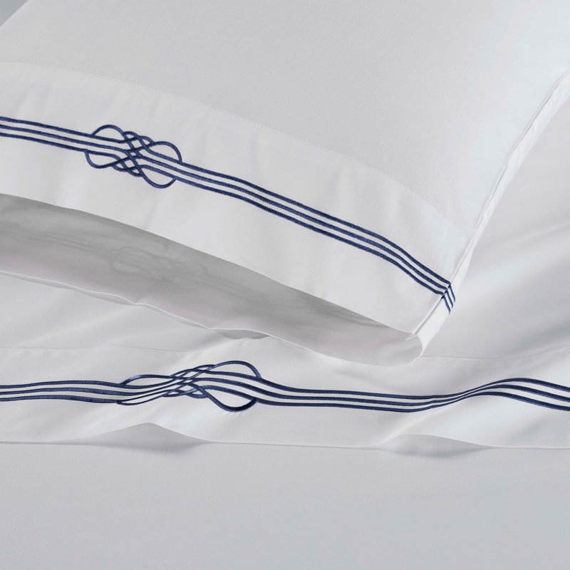 Ensemble de draps en coton brodé Moonlawn, Ensemble de draps pour lit simple TG avec 1 taie d, Blanc/bleu marine