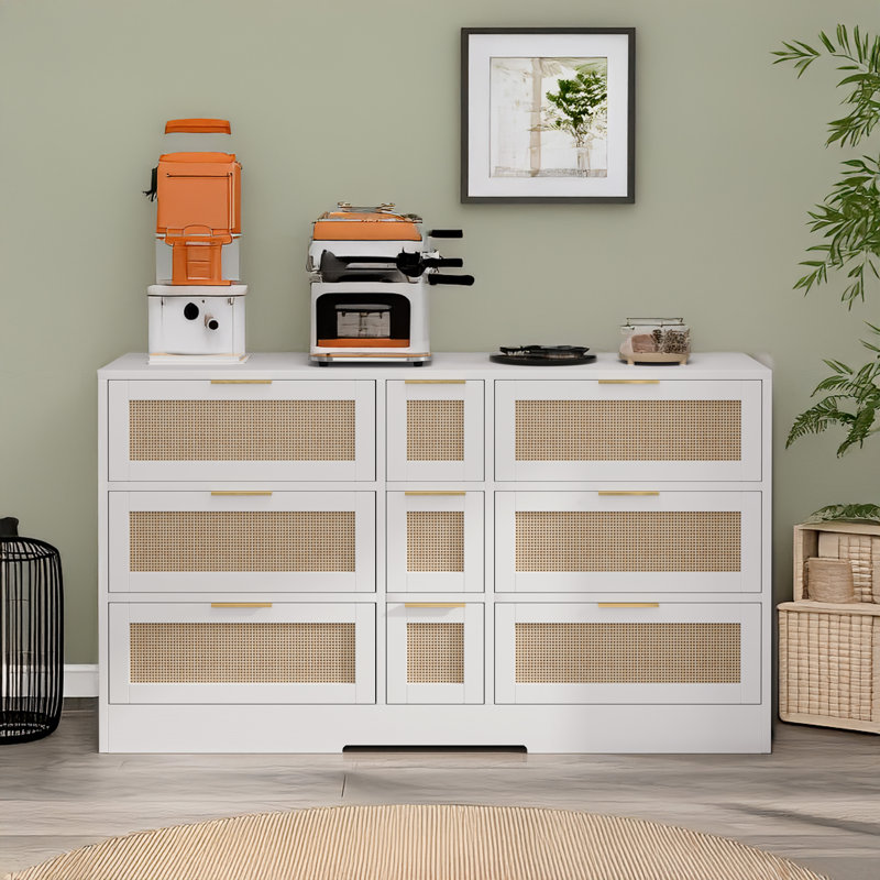 White and Light Wood Rattan Accent Cabinet with 9 Drawers