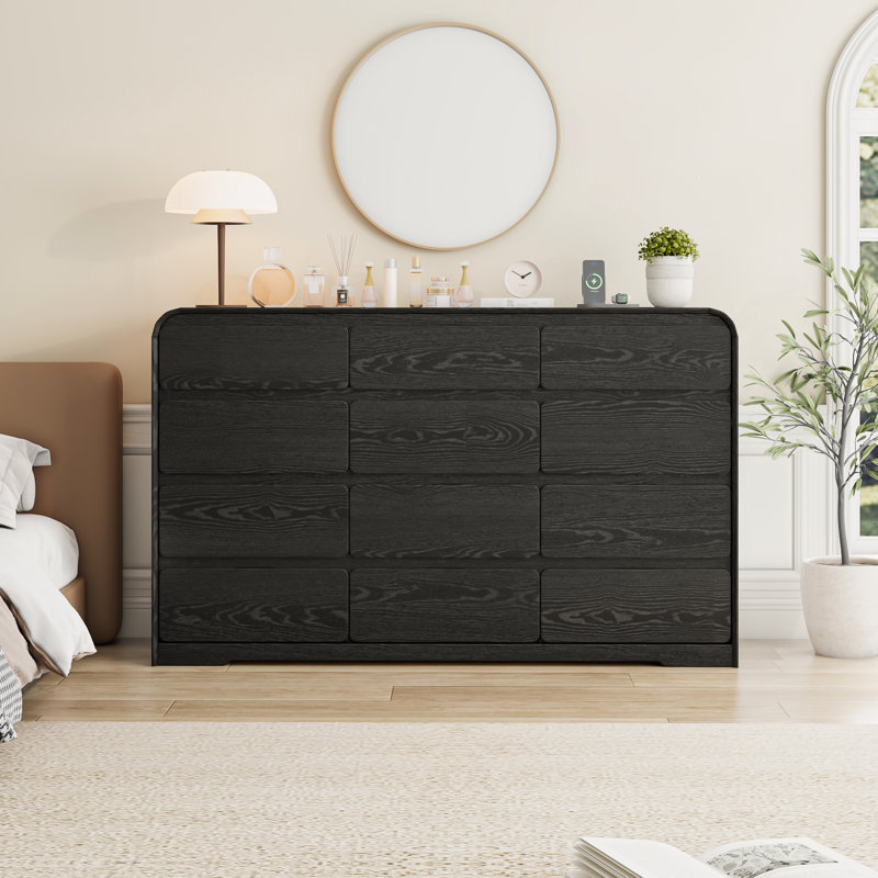 Commode 12 tiroirs 63 po avec station de charge, coins arrondis 63 po, Noir