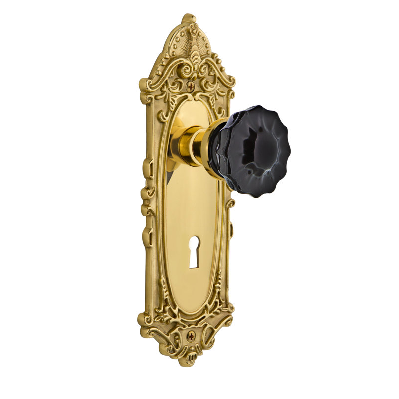 Victorian Plate with Decorative Keyhole and Crystal Black Door Knob, Unlaquered Brass, 2 3/4