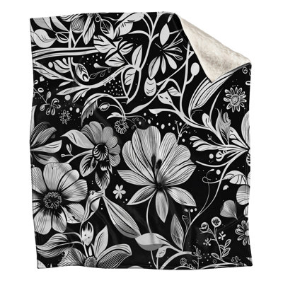 Black White Floral Illustration Blankets