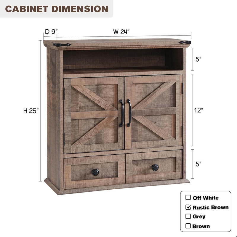 Rustic Brown Farmhouse Bathroom Wall Cabinet with Barn Doors