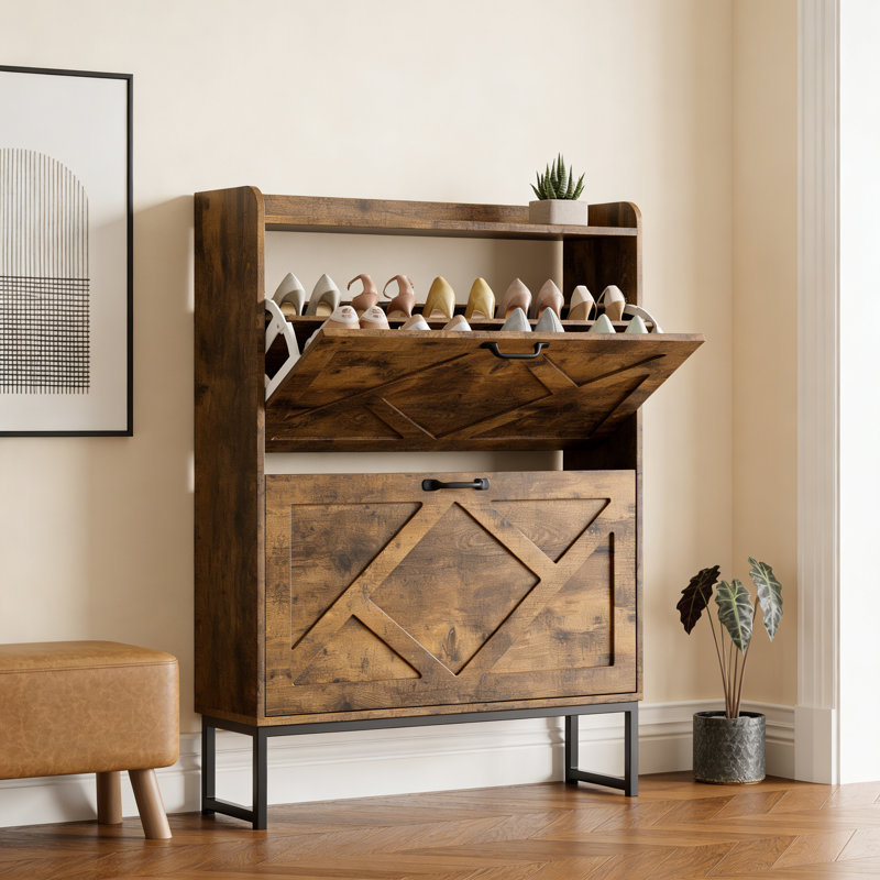 Shoe Cabinet Organizer With Flip Drawers, Freestanding Narrow Rack With Metal Legs, Farmhouse Slim Shoe Storage For Entryway Foyer Hallway