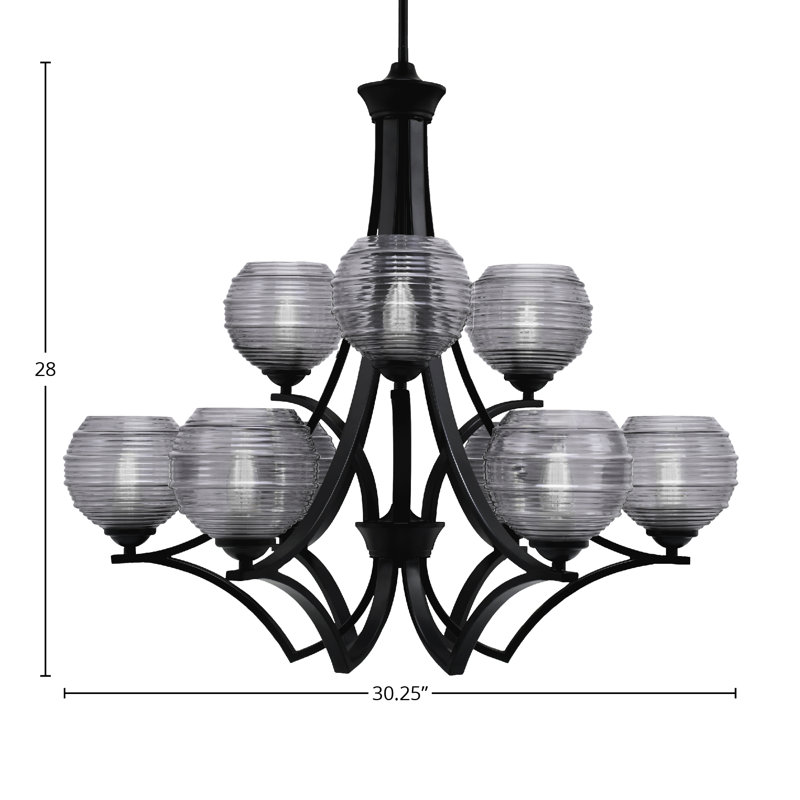 Lustre 9 lumières Zilo illustré avec verre nervuré 6 po Zilo, Verre nervuré fumé, Noir mat
