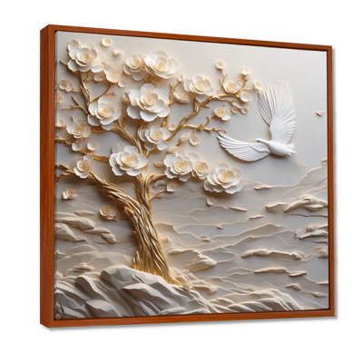 Tree Of Peace With White Flowers And White Dove - Tree Wall Art Decor