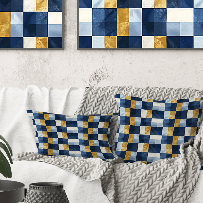 Imprimé vichy bleu et jaune VI - Coussin moderne, 18" x 18"