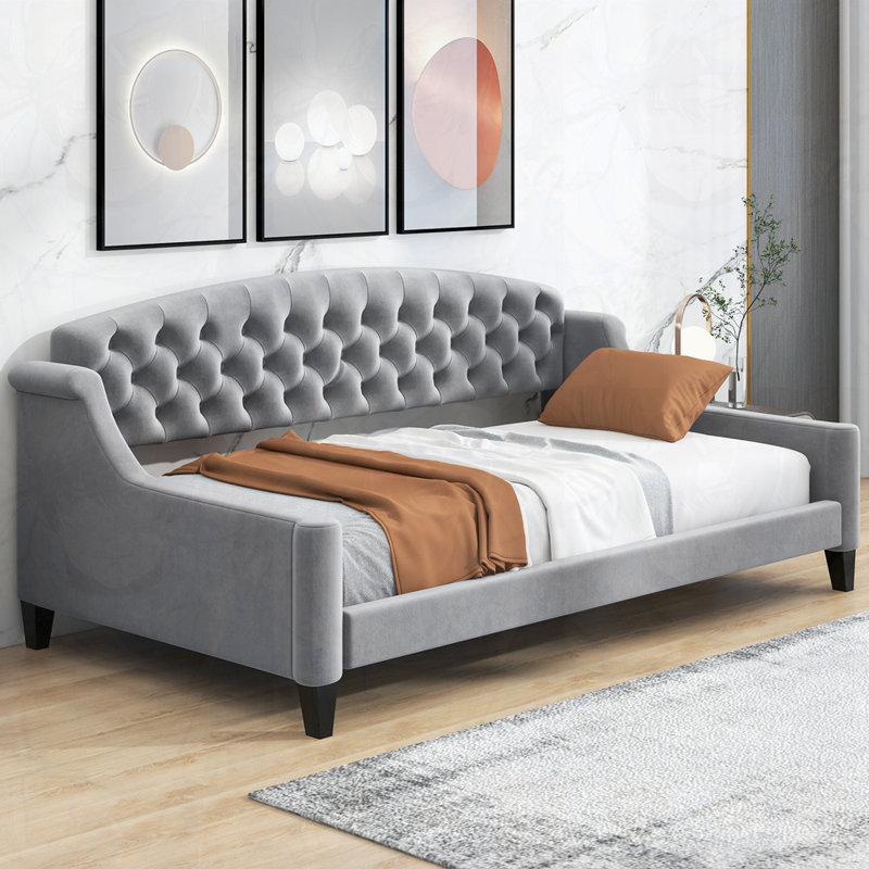Lit plateforme tapissier rembourré, gris, Simple