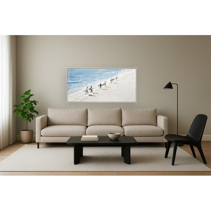 Art mural en toile Surfer Stroll on Sunlit Shore - 28 po x 55 po - Cadre beige