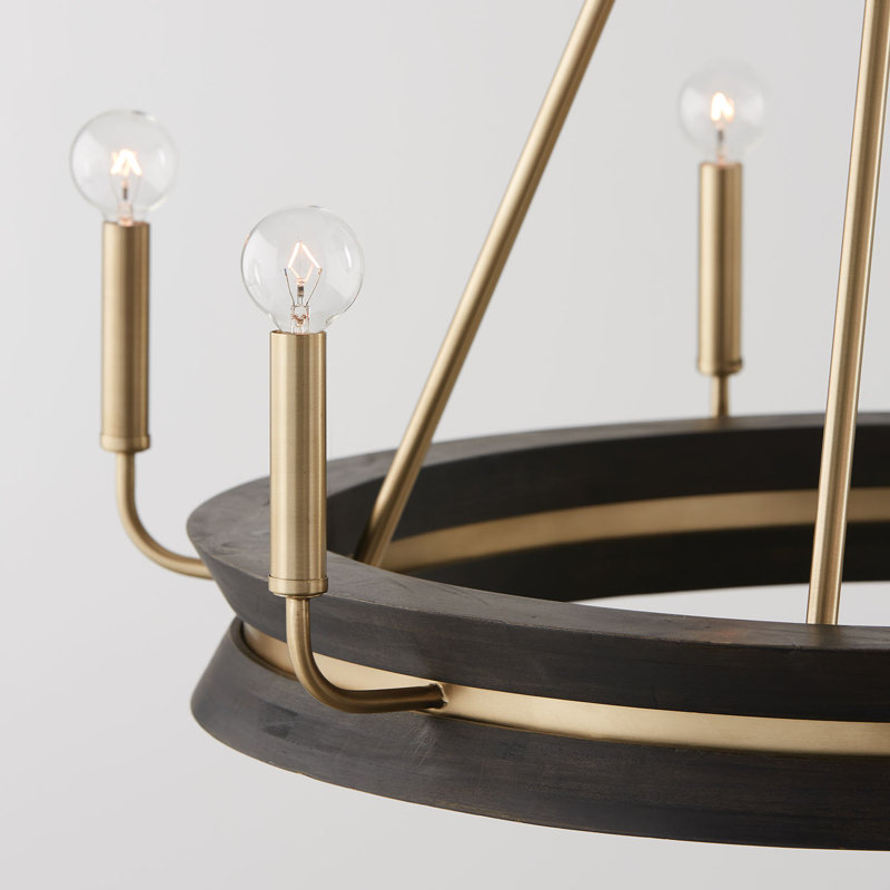 Finn 6 - Light Dimmable Wagon Wheel Chandelier, Black Stain/Matte Brass