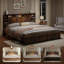 Cadre de lit plateforme très grand pour chambre principale, structure en bois et métal avec tête de lit à rangement intégrée, brun classique