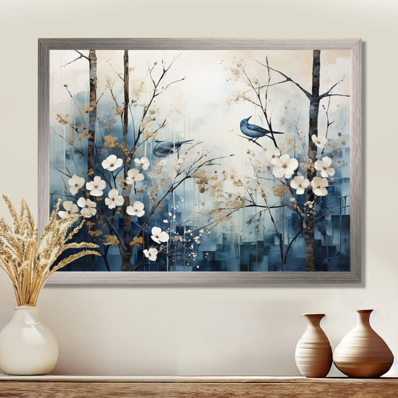 «Blue and White Forest Winter Harmony I», art mural sur toile, H 12 po x l 20 po, Cadre photo blanc