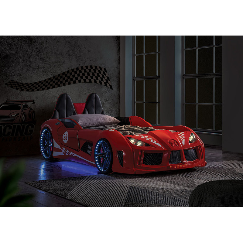 Red Finish Twin Size Race Car Design Bed Modern Novelty Style Attached Two Magnetic Doors With LED Lights On Wheels And Bottom Upholstery Headboard And Sides